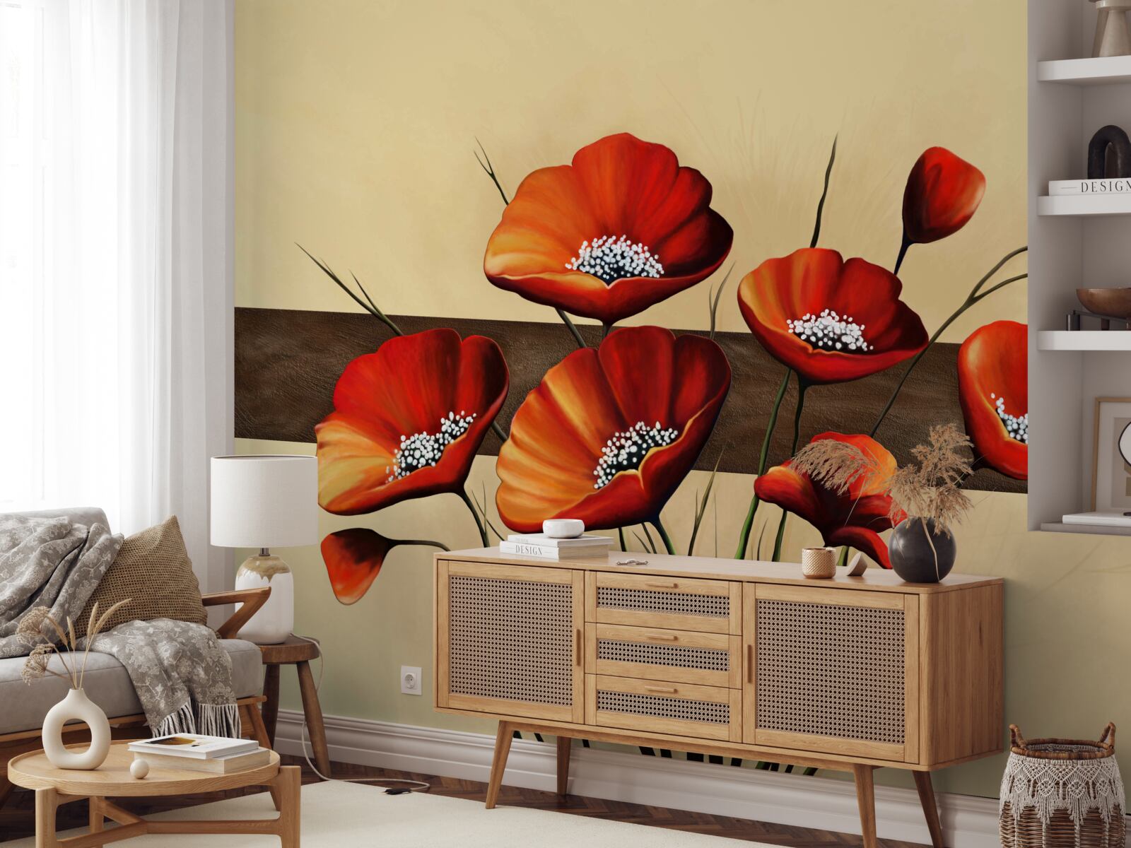 Fotobehang set prachtige scharlaken klaprozen