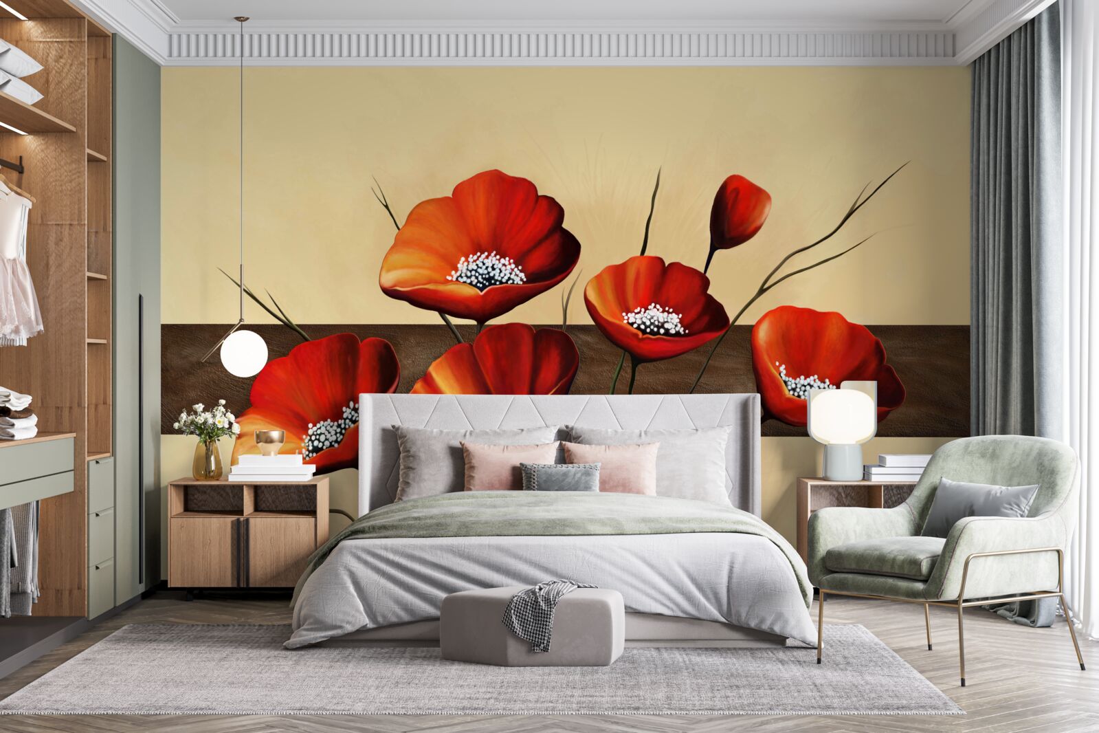 Fotobehang set prachtige scharlaken klaprozen