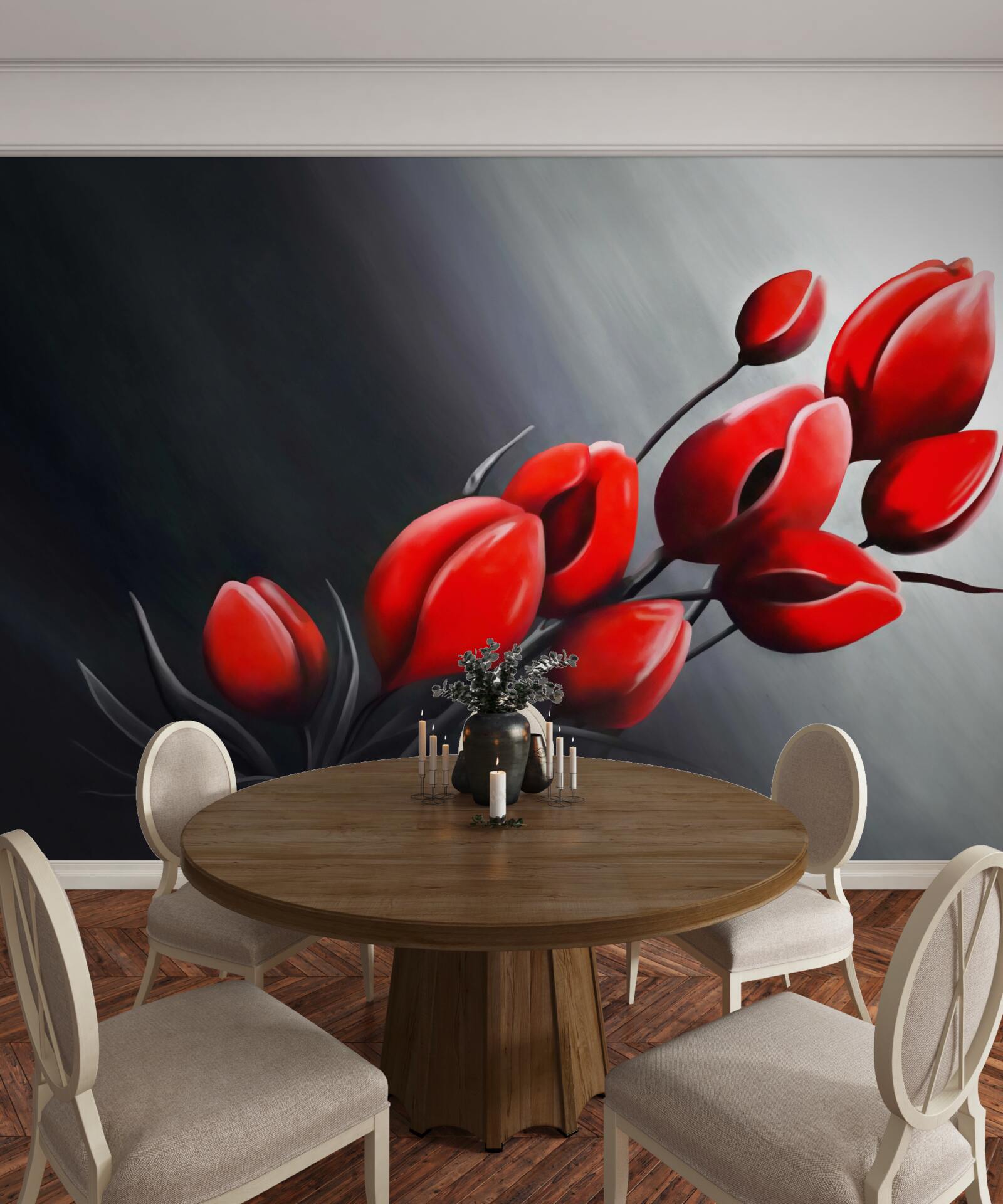 Fotobehang felrode tulpen die nog niet open zijn