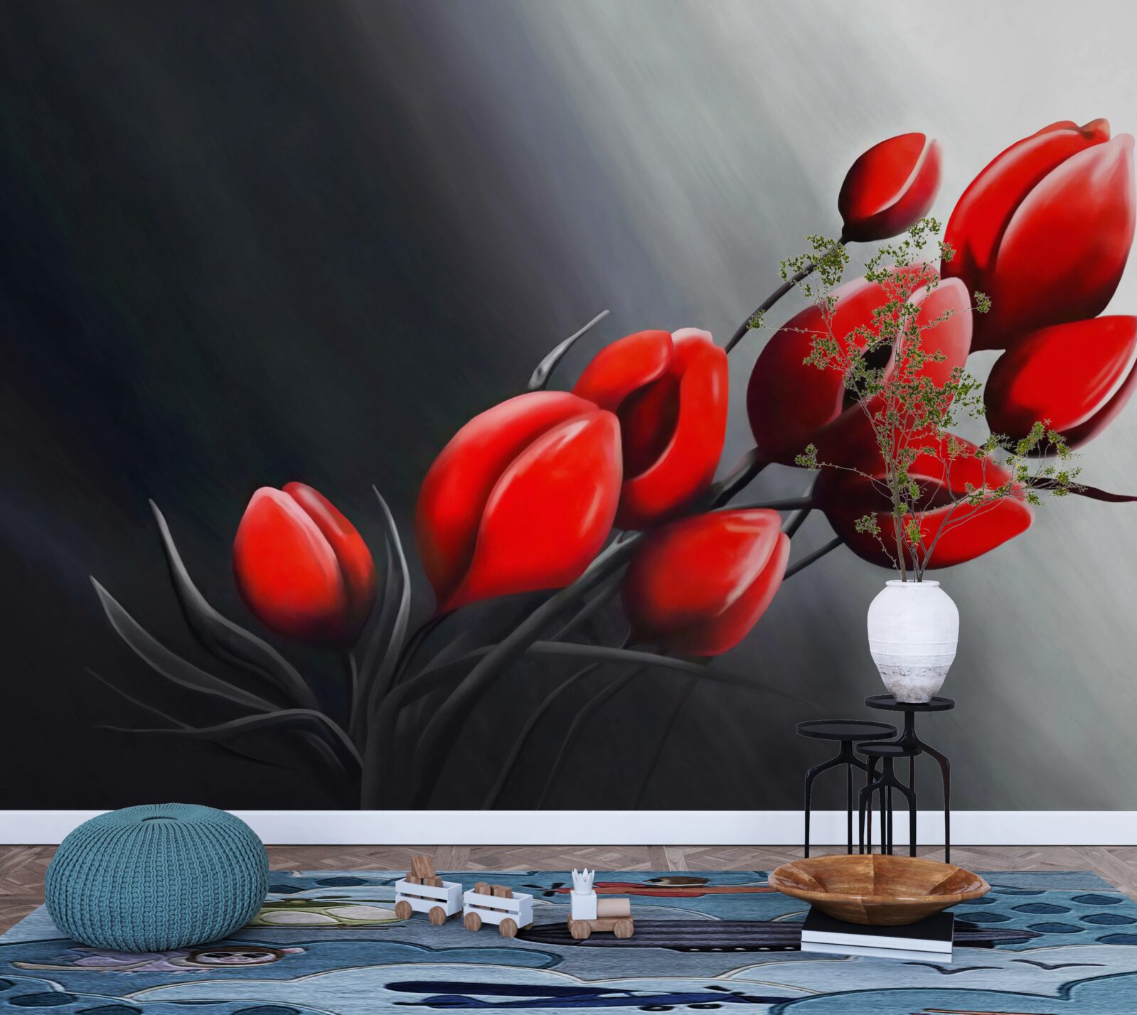 Fotobehang felrode tulpen die nog niet open zijn