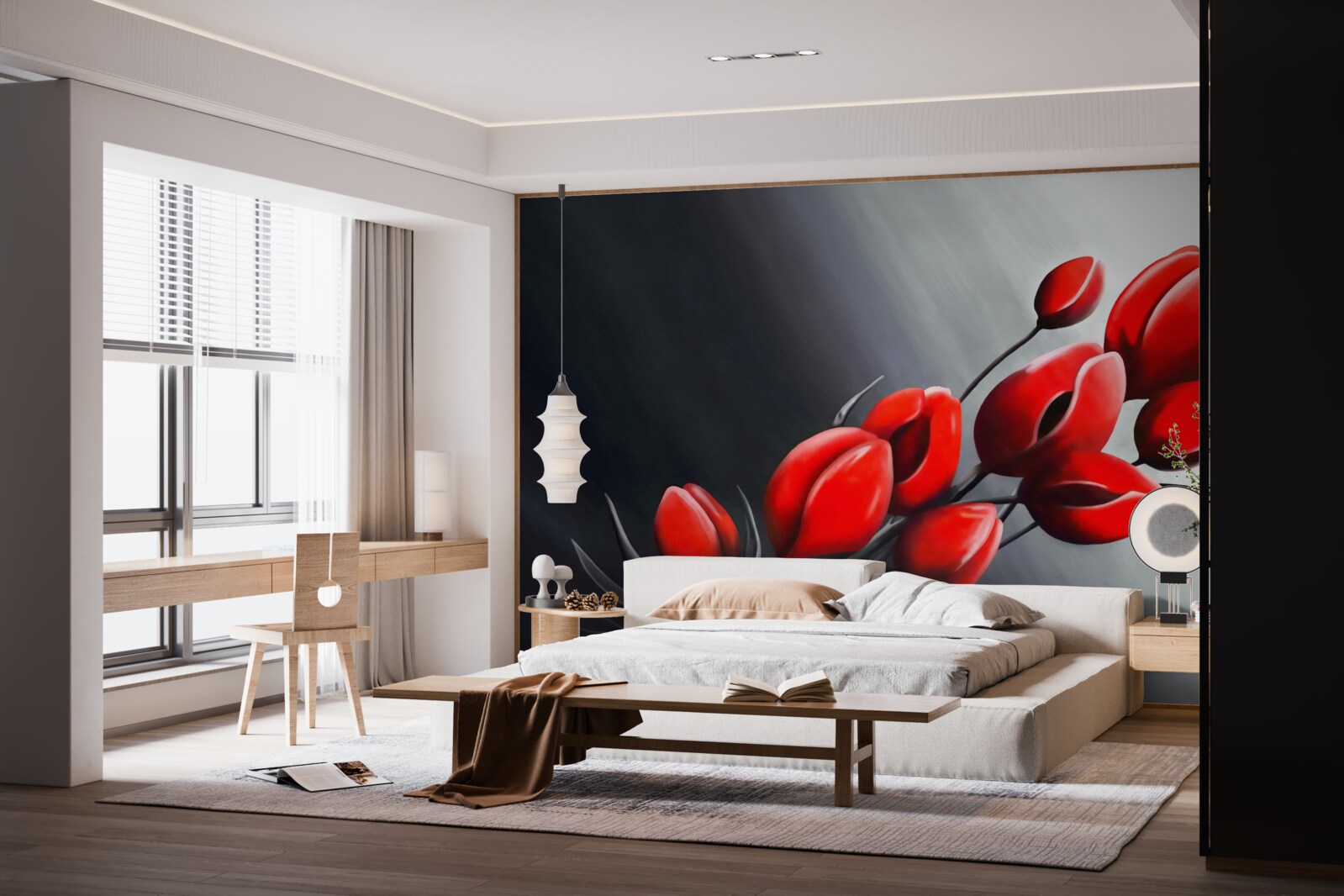 Fotobehang felrode tulpen die nog niet open zijn