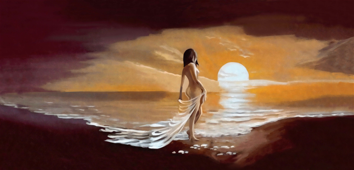 Fotobehang meisje kijkt naar zonsondergang boven de kust