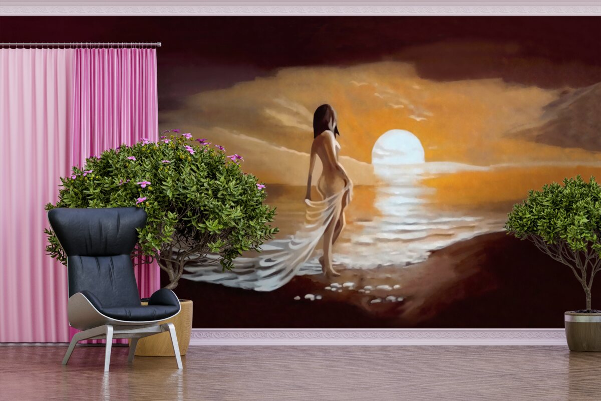 Fotobehang meisje kijkt naar zonsondergang boven de kust