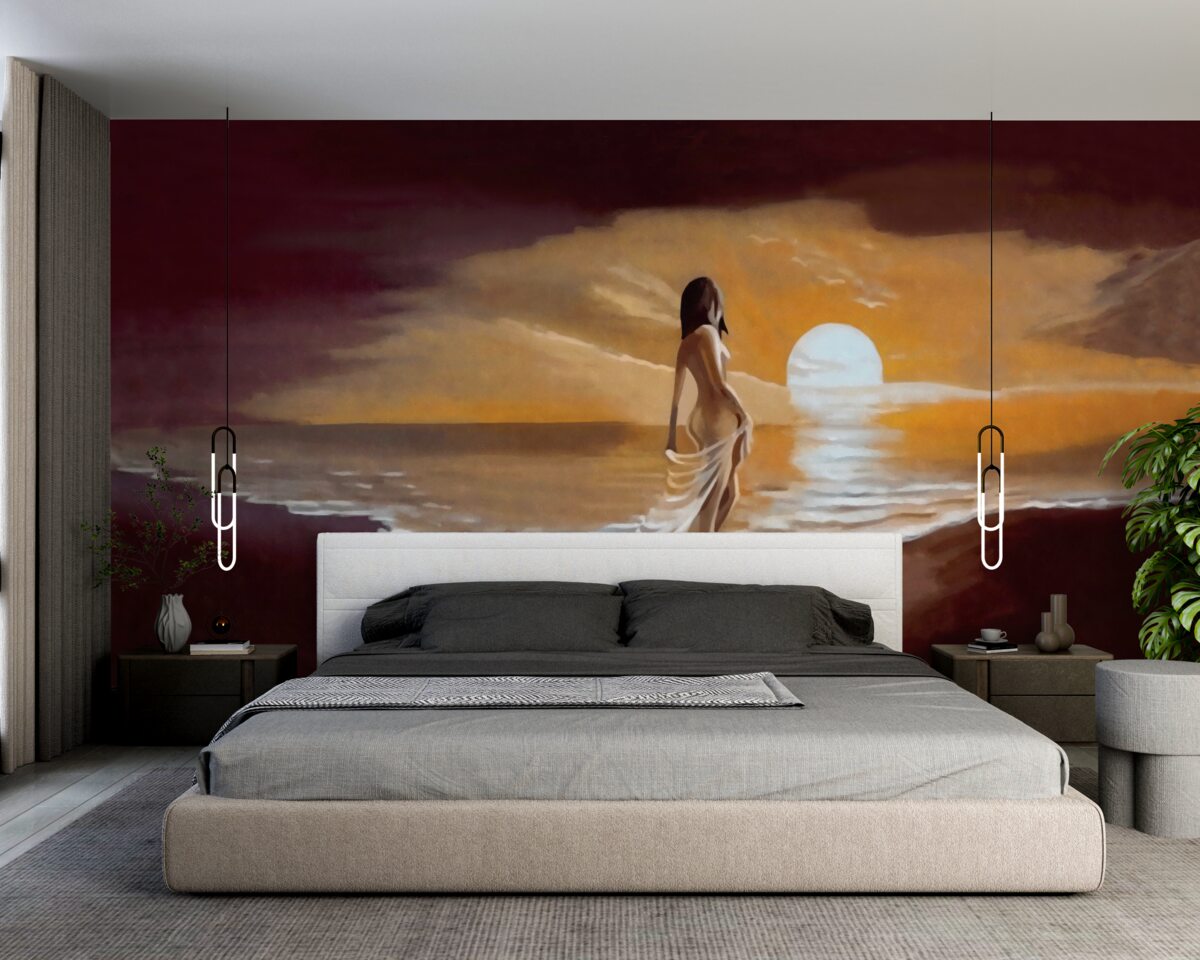 Fotobehang meisje kijkt naar zonsondergang boven de kust