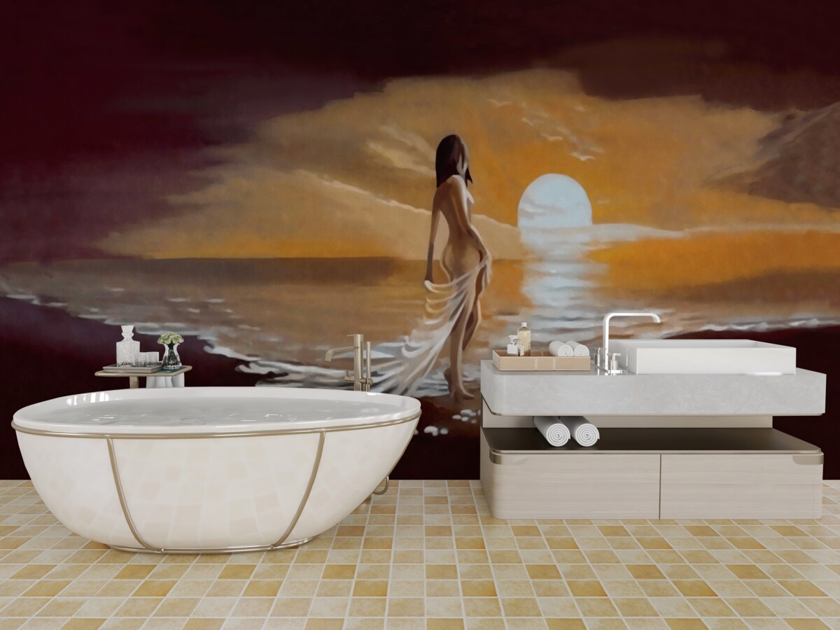 Fotobehang meisje kijkt naar zonsondergang boven de kust