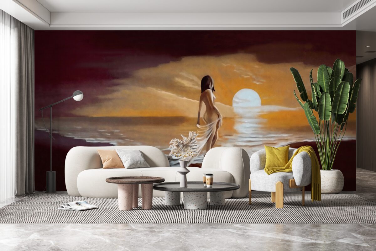 Fotobehang meisje kijkt naar zonsondergang boven de kust