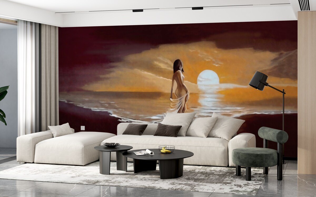 Fotobehang meisje kijkt naar zonsondergang boven de kust