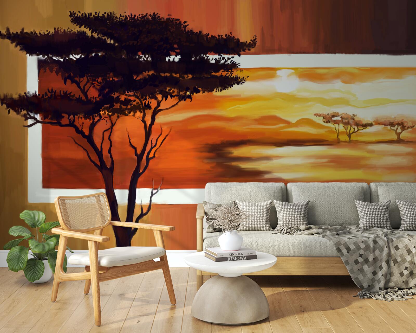 Fotobehang zonsondergang meer met bonsai