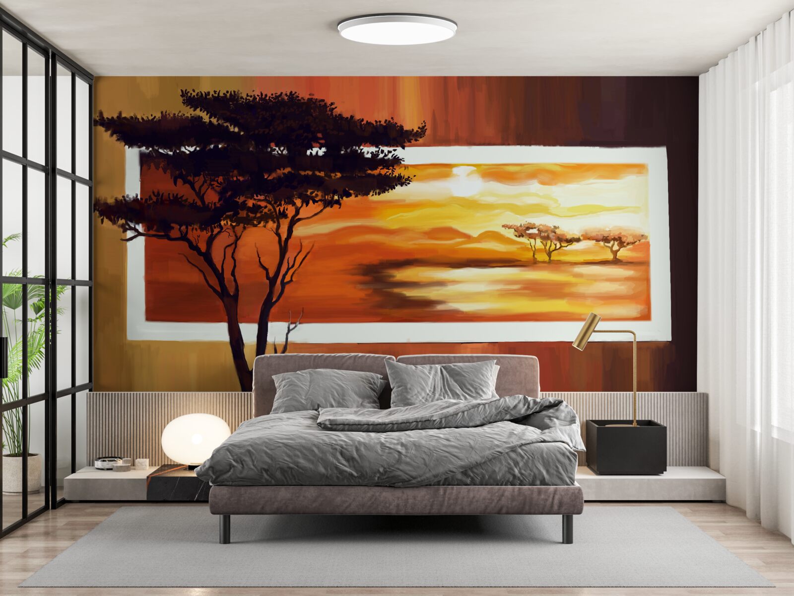 Fotobehang zonsondergang meer met bonsai