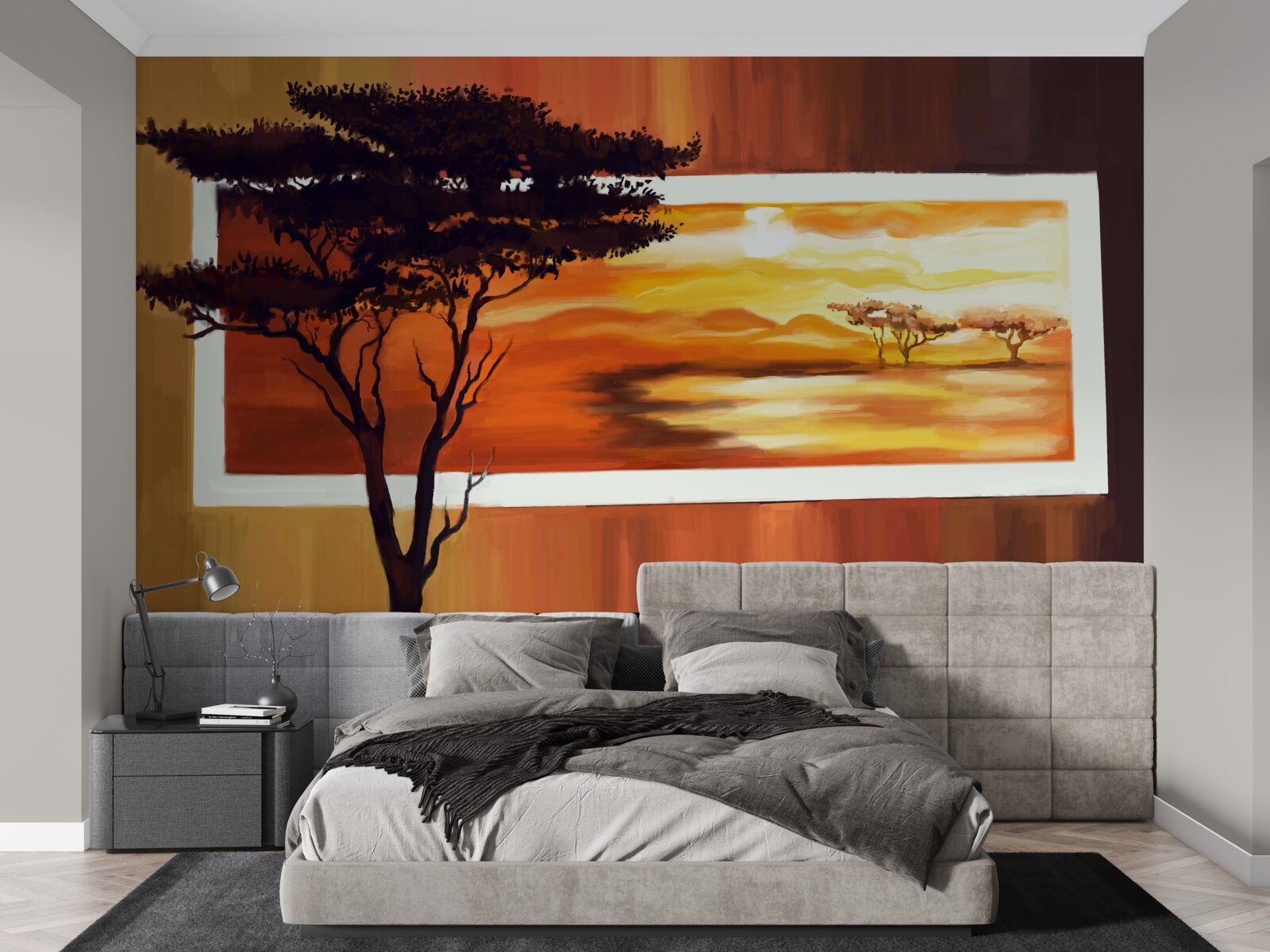 Fotobehang zonsondergang meer met bonsai