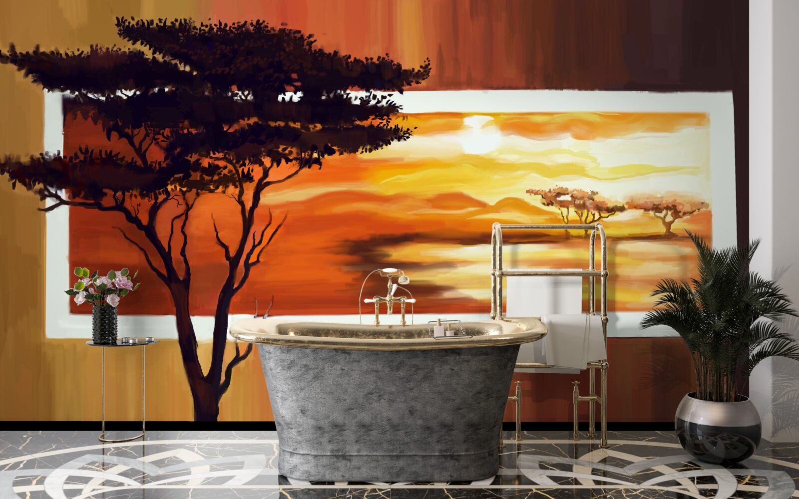 Fotobehang zonsondergang meer met bonsai