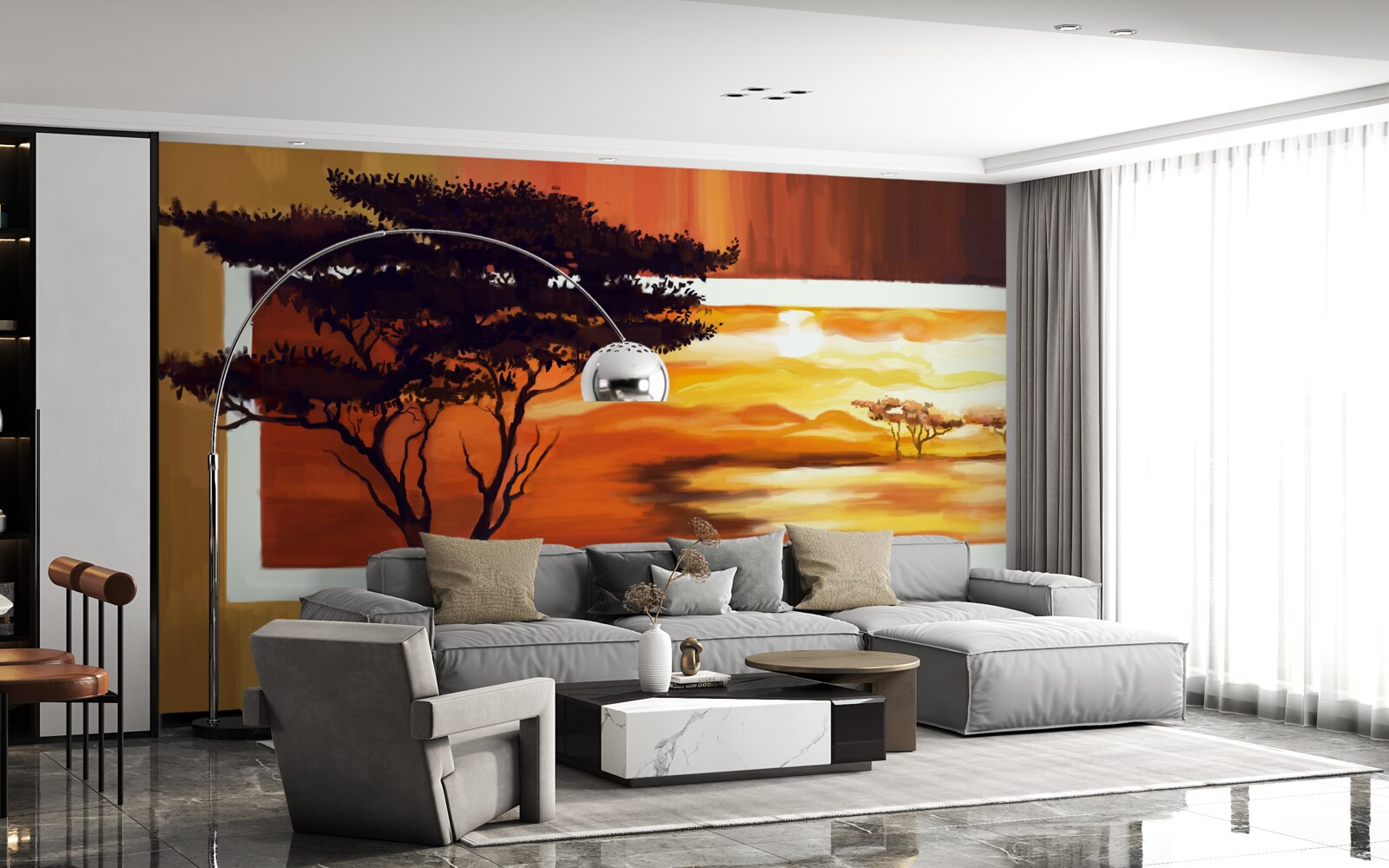 Fotobehang zonsondergang meer met bonsai