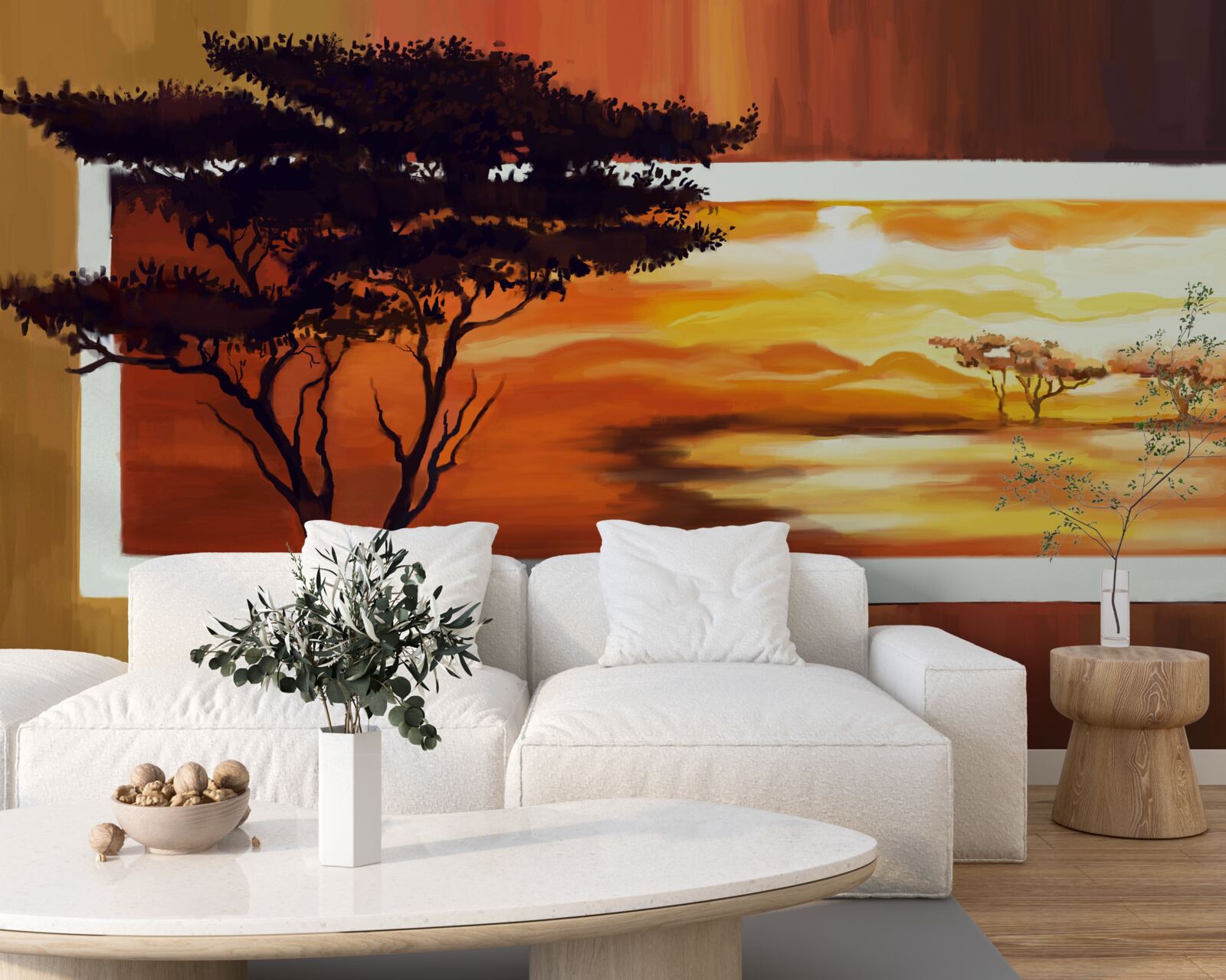 Fotobehang zonsondergang meer met bonsai
