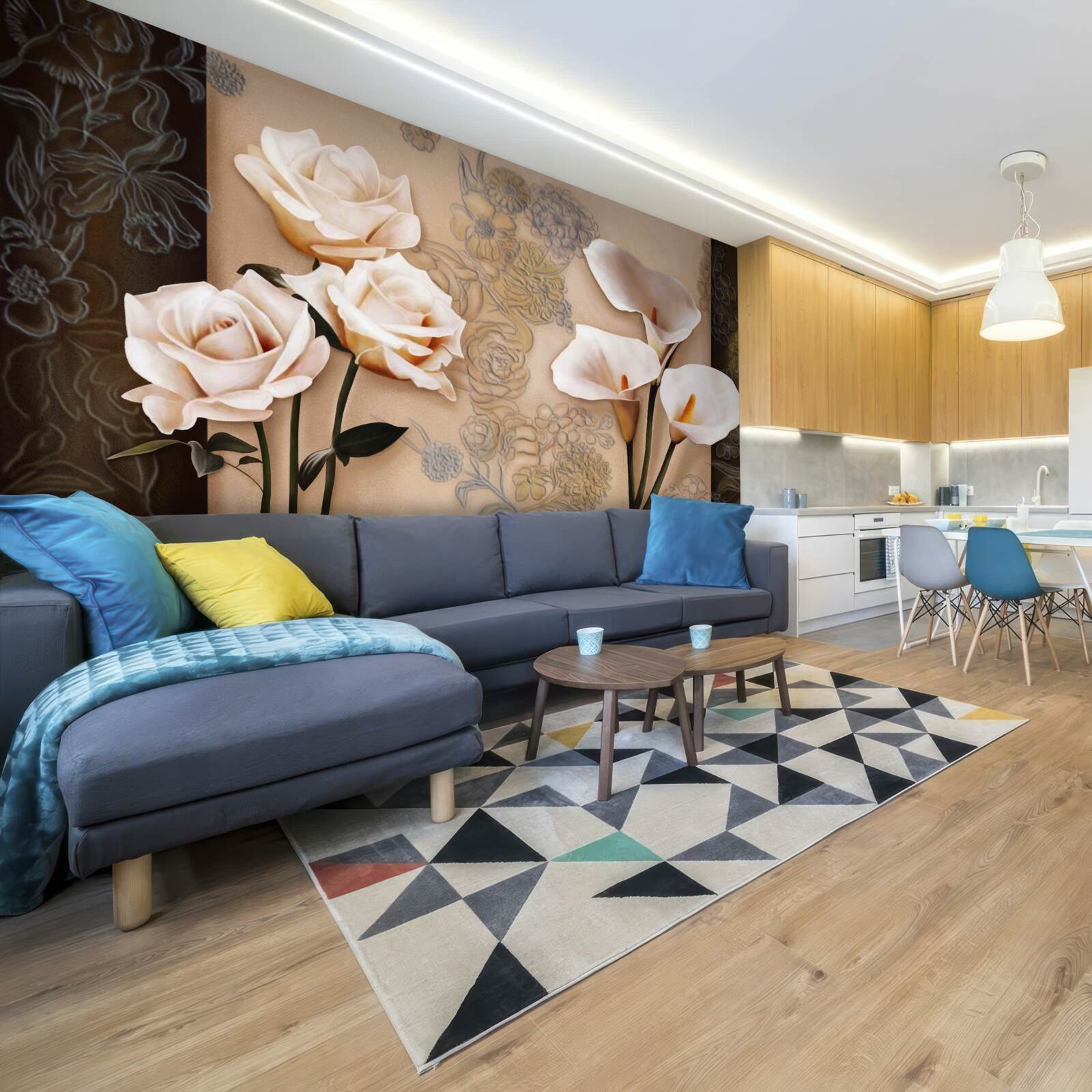 Fotobehang tulpen, callae en rozen in beige