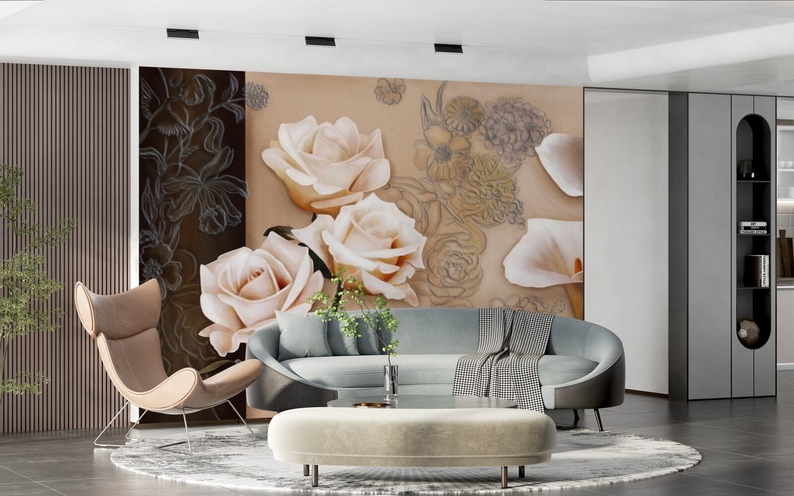 Fotobehang tulpen, callae en rozen in beige