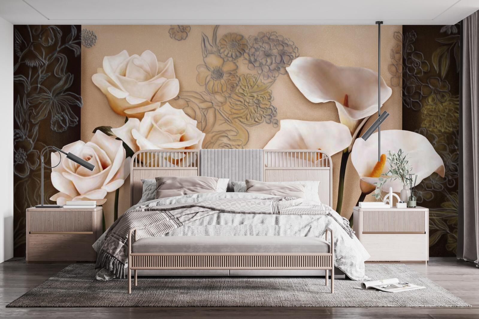 Fotobehang tulpen, callae en rozen in beige