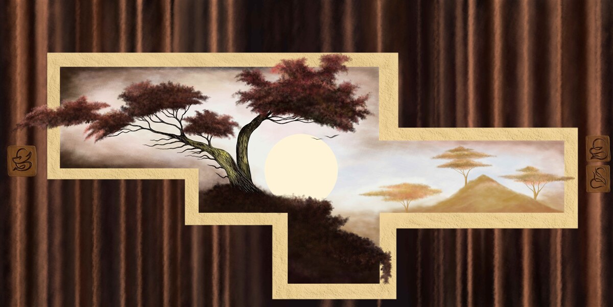 Fotobehang zonsopgang boven oude bonsai