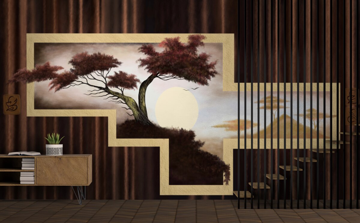 Fotobehang zonsopgang boven oude bonsai