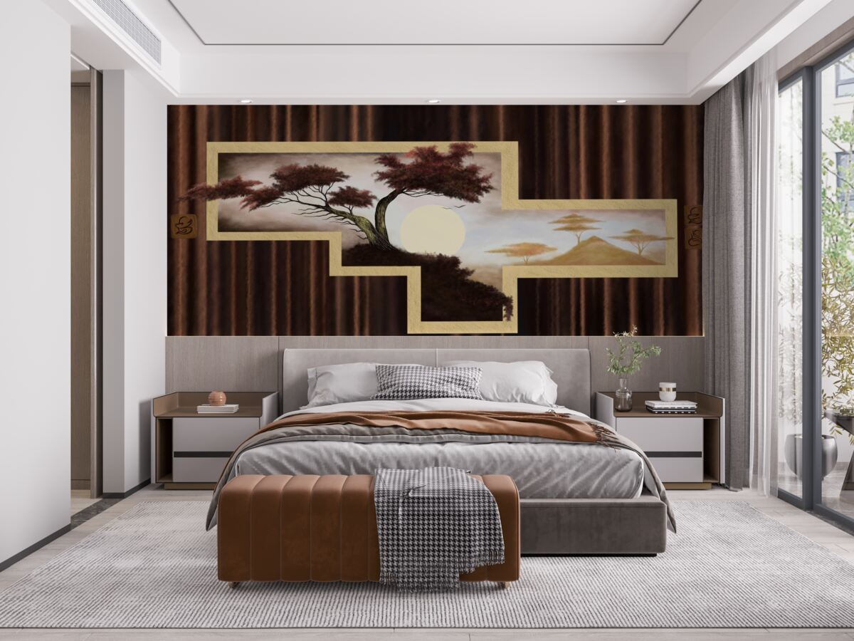 Fotobehang zonsopgang boven oude bonsai