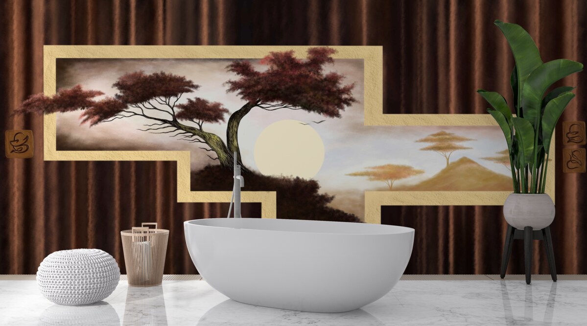 Fotobehang zonsopgang boven oude bonsai