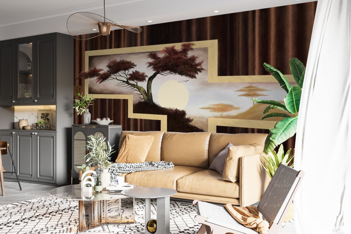 Fotobehang zonsopgang boven oude bonsai