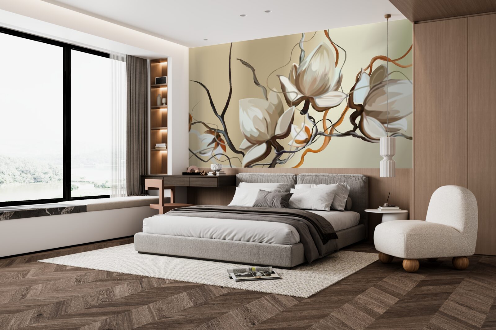 Fotobehang witte bloeiende takken van magnolia