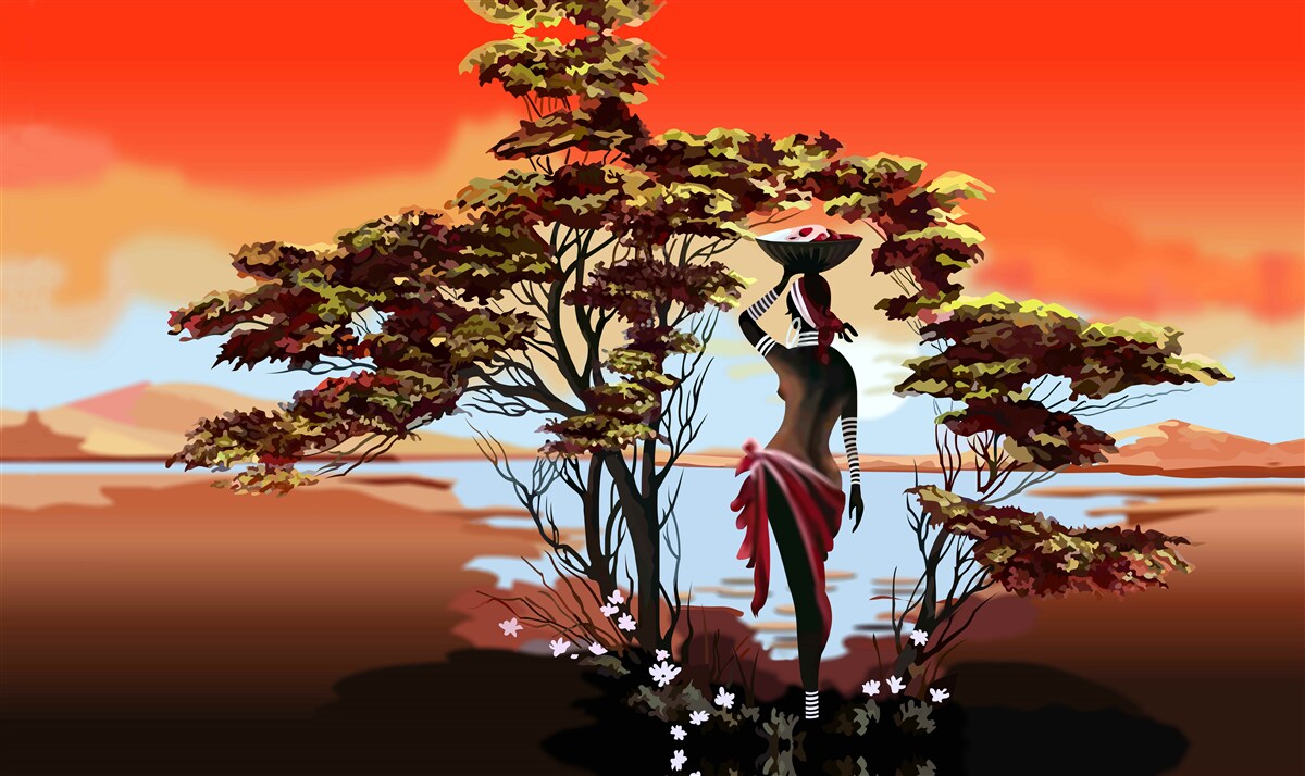 Fotobehang dame in een oase in afrika