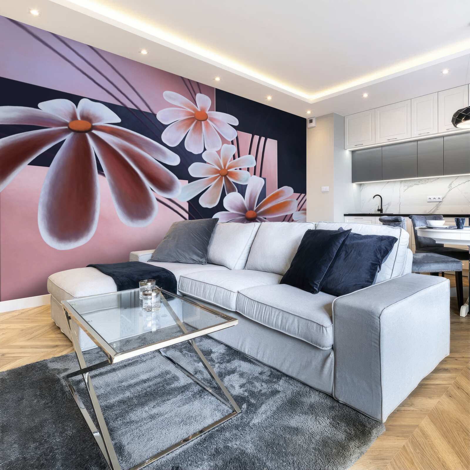 Fotobehang vijf witte margrieten op doek