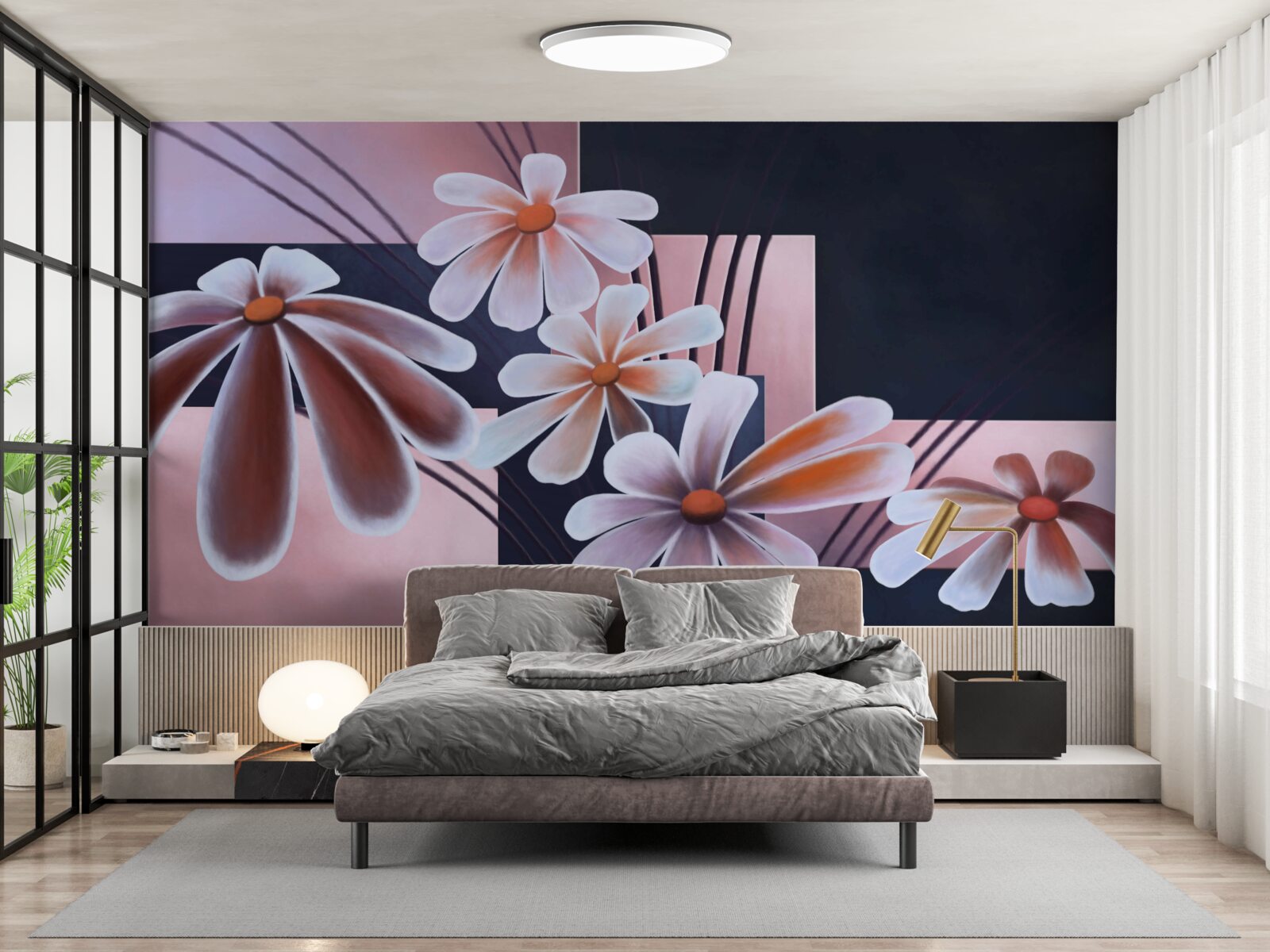 Fotobehang vijf witte margrieten op doek