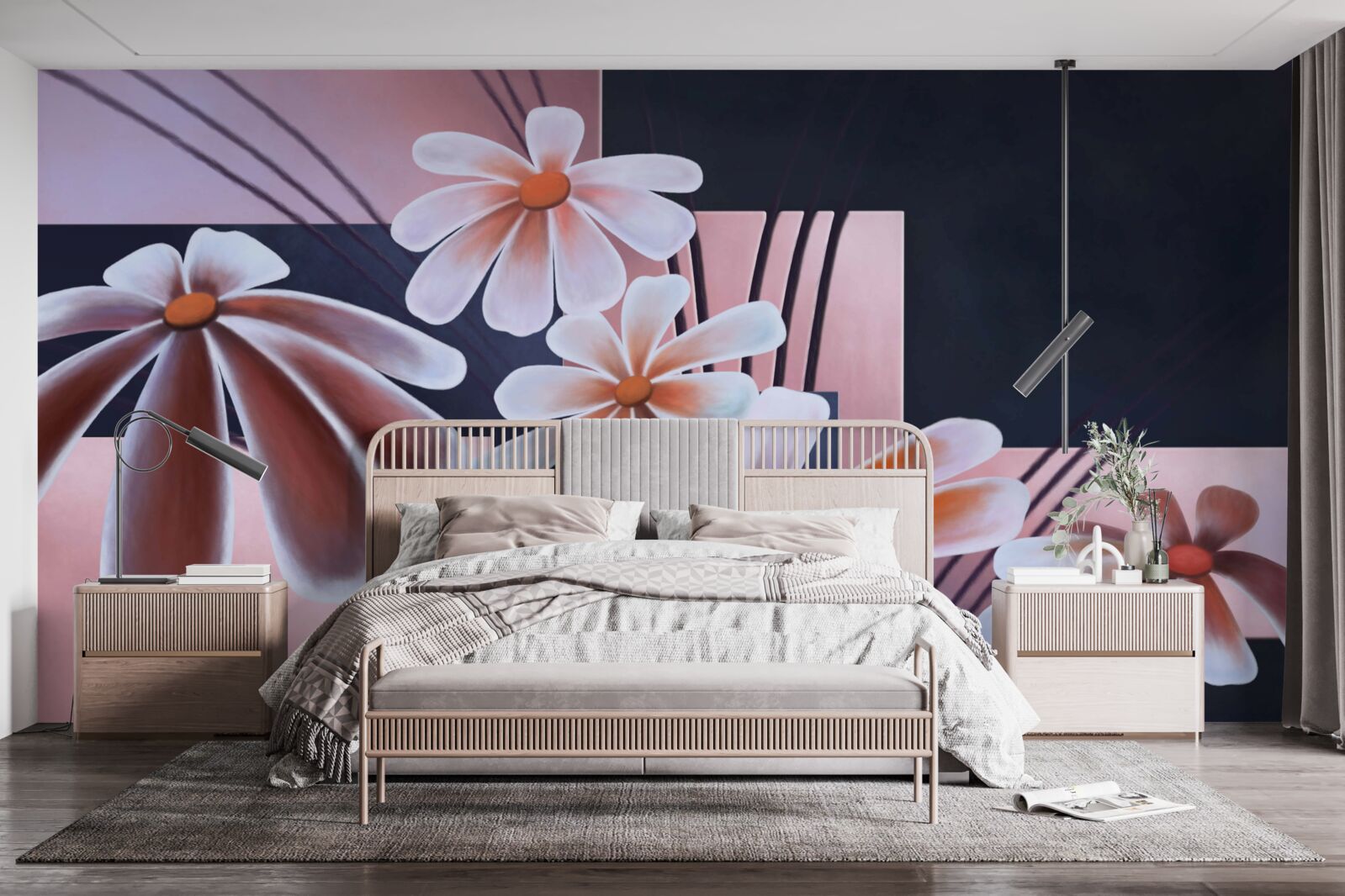 Fotobehang vijf witte margrieten op doek