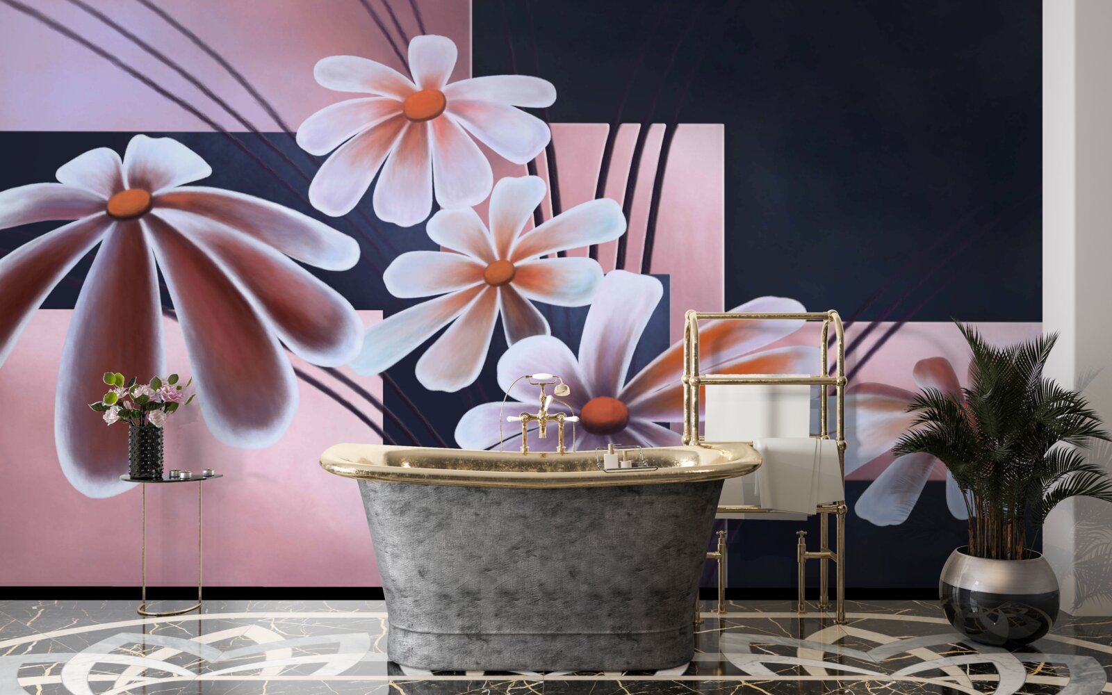 Fotobehang vijf witte margrieten op doek