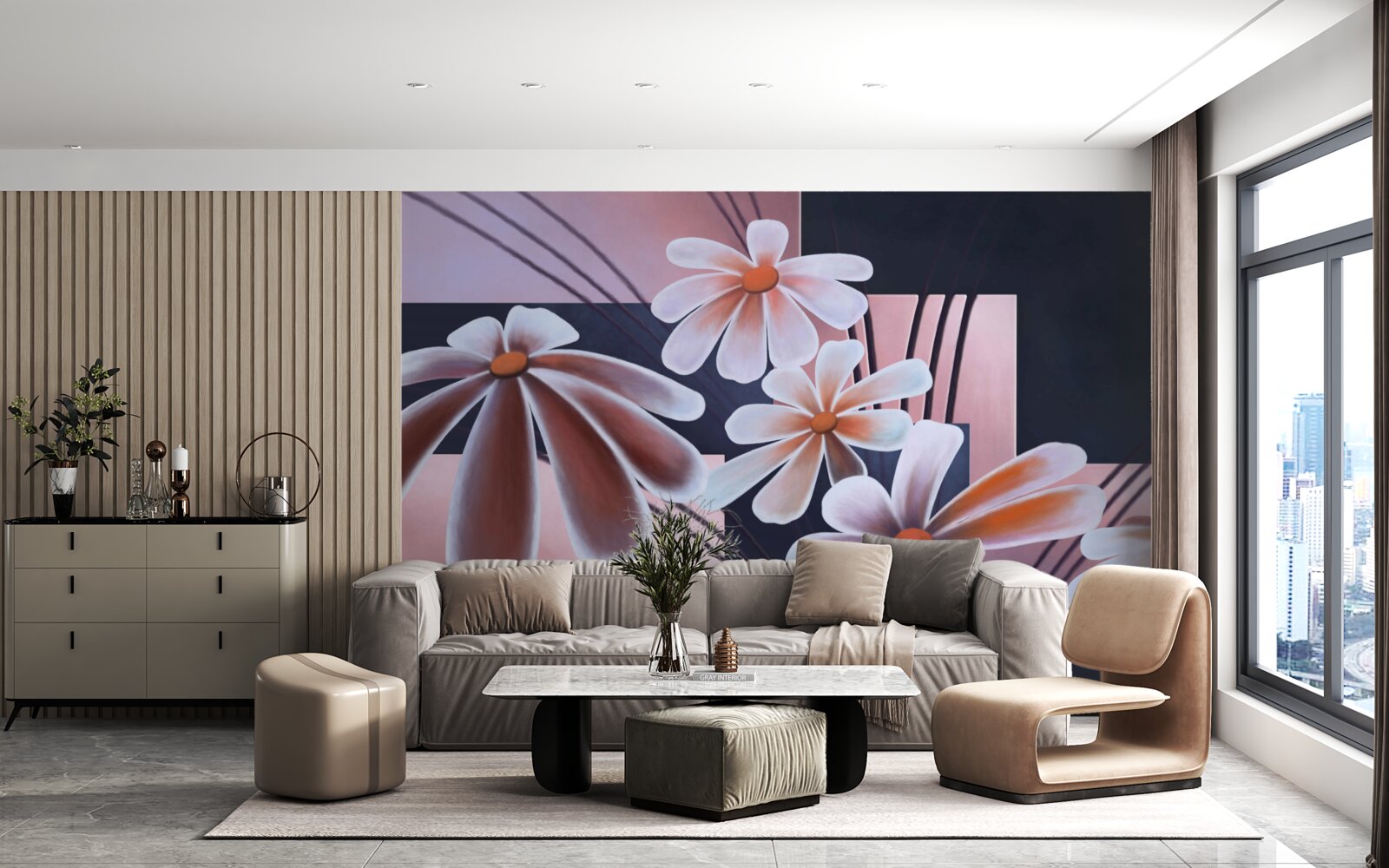 Fotobehang vijf witte margrieten op doek