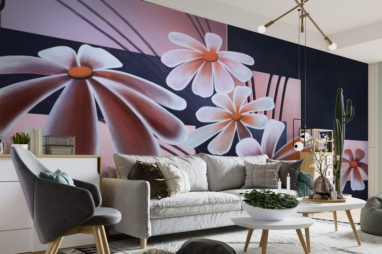 Fotobehang vijf witte margrieten op doek