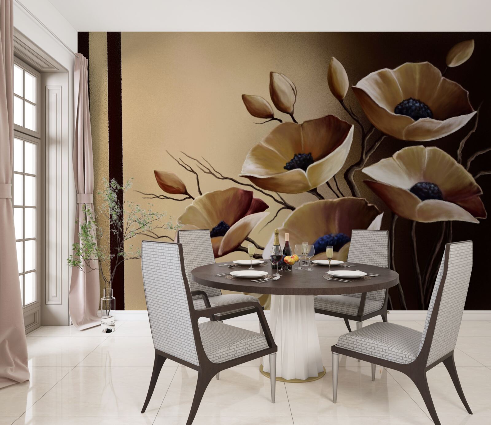 Fotobehang beige klaprozen in een abstracte stijl