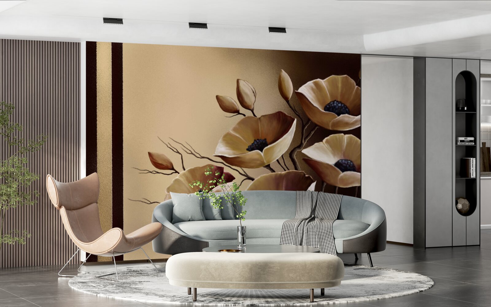 Fotobehang beige klaprozen in een abstracte stijl