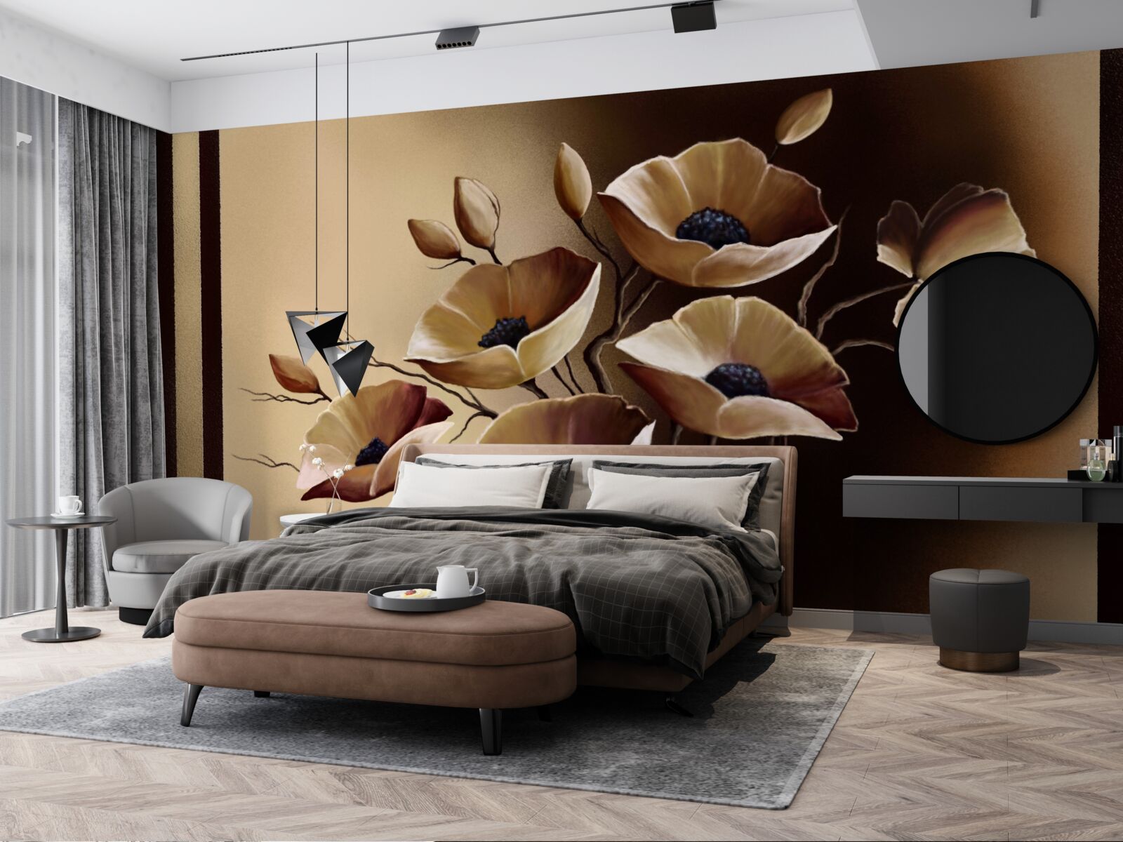 Fotobehang beige klaprozen in een abstracte stijl