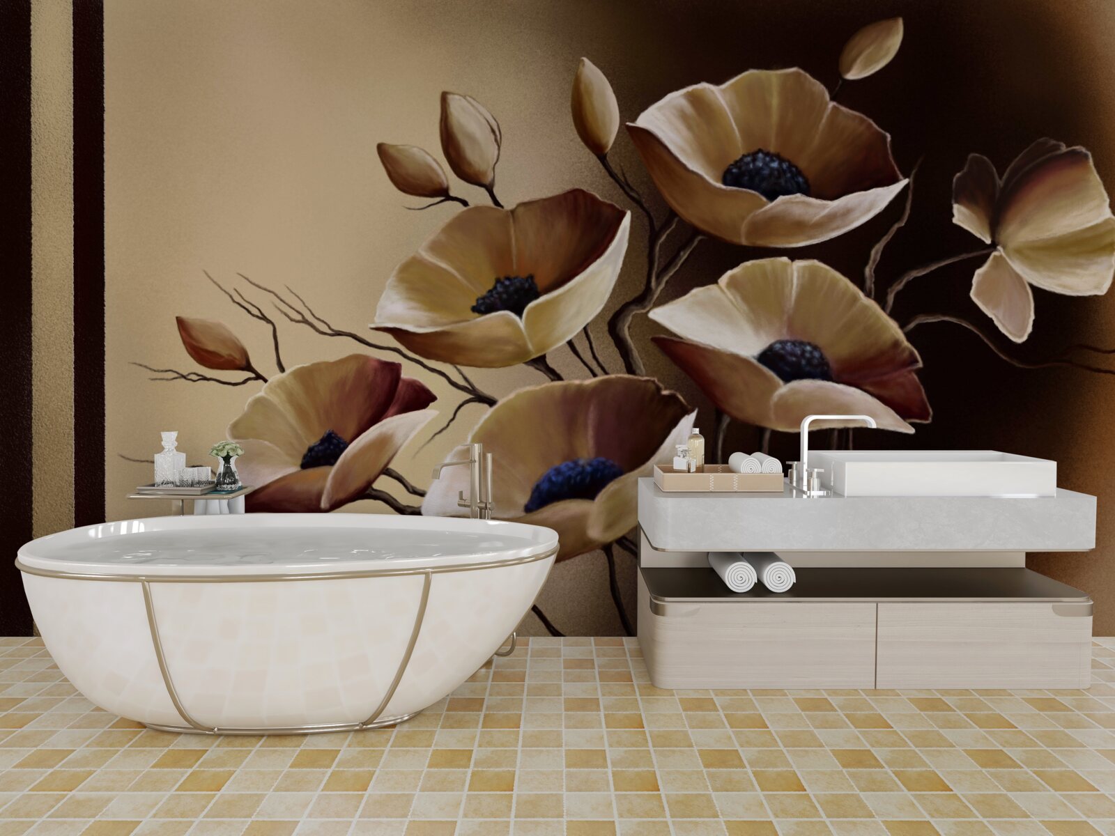 Fotobehang beige klaprozen in een abstracte stijl