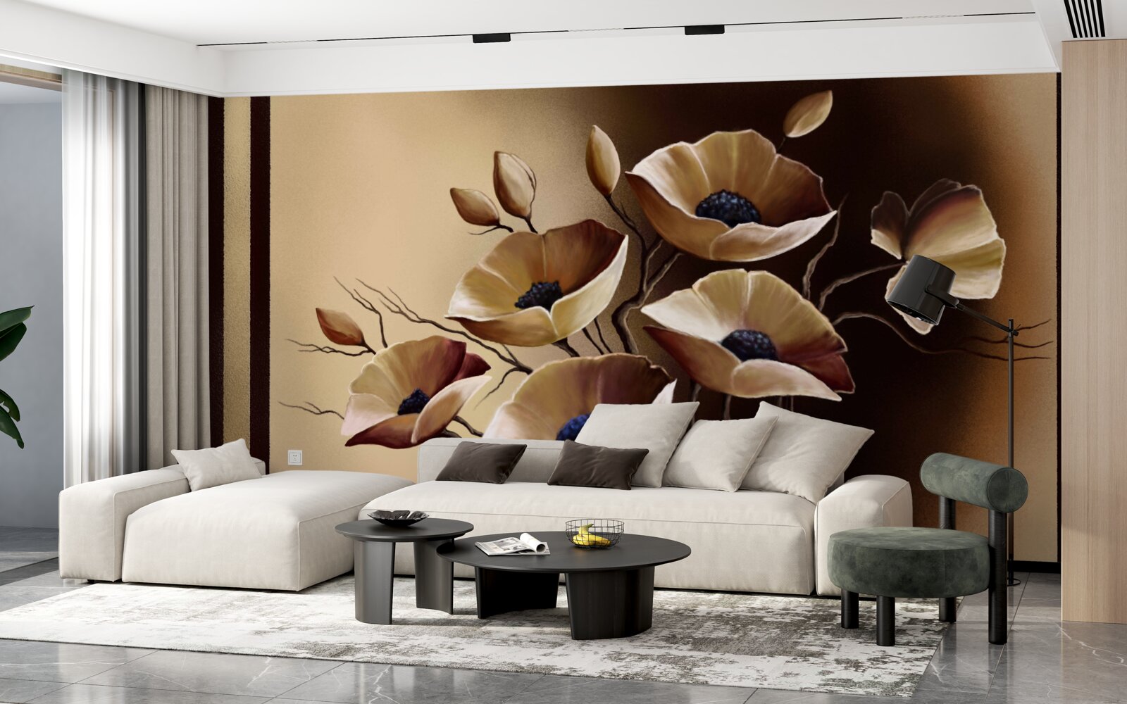 Fotobehang beige klaprozen in een abstracte stijl