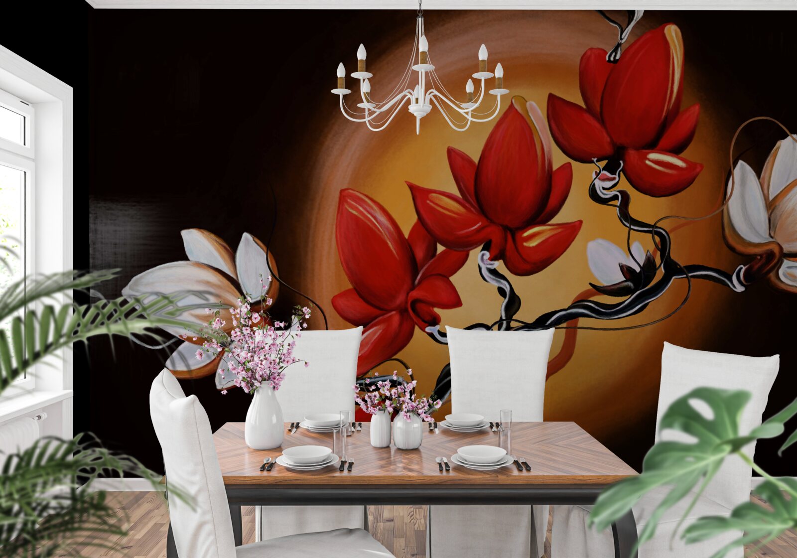 Fotobehang magnolia stam, geschilderd in witte en rode tinten