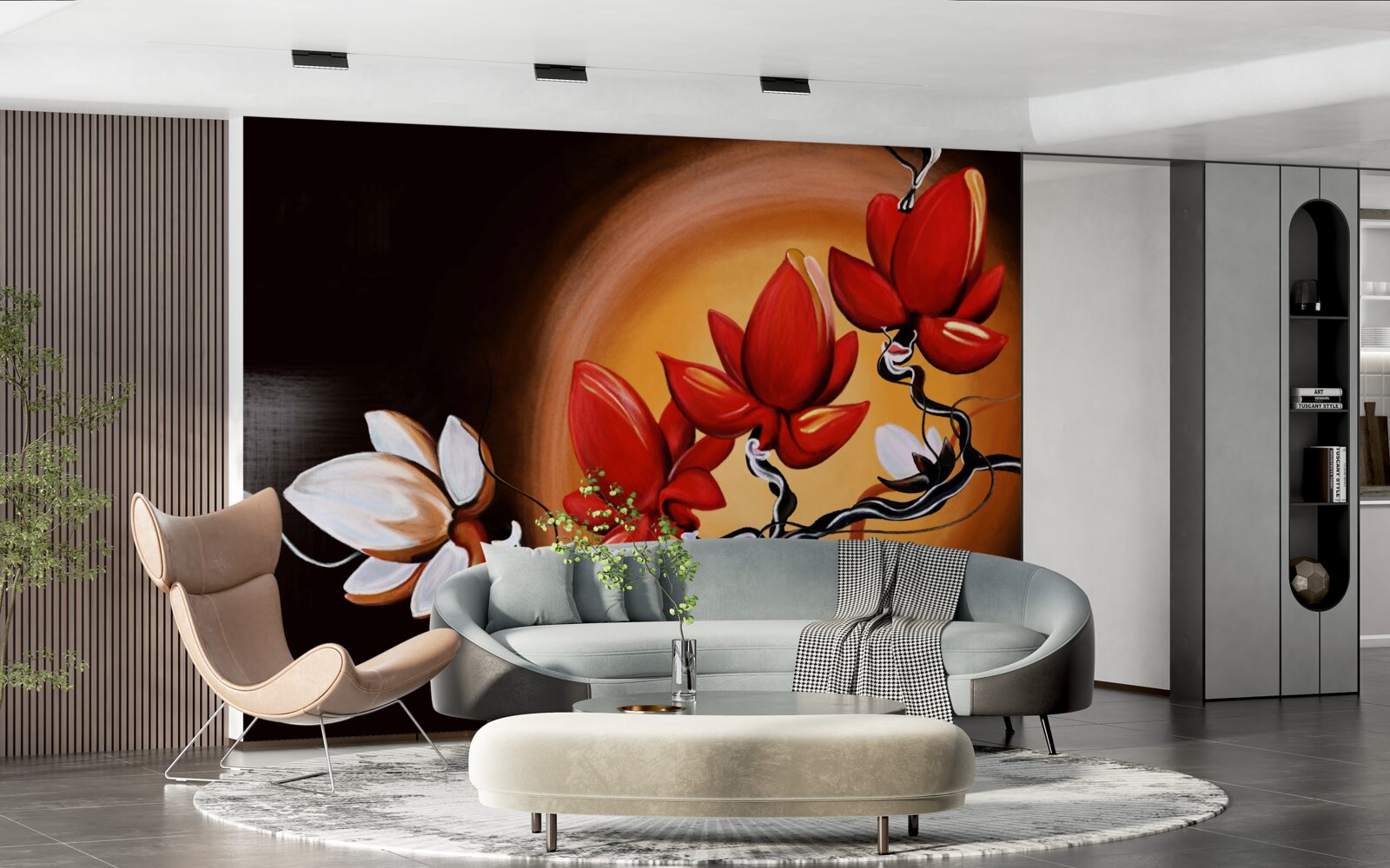 Fotobehang magnolia stam, geschilderd in witte en rode tinten