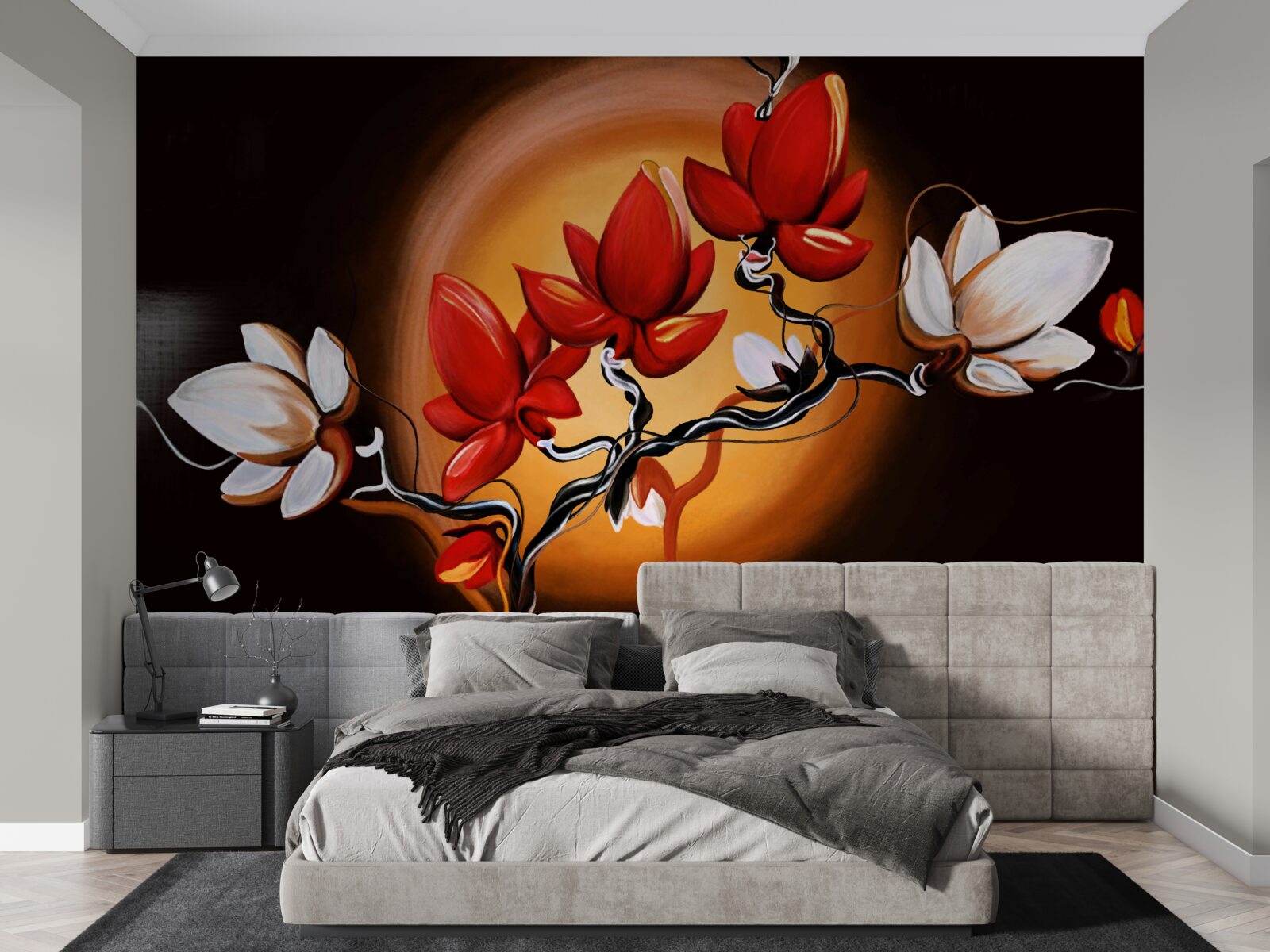 Fotobehang magnolia stam, geschilderd in witte en rode tinten