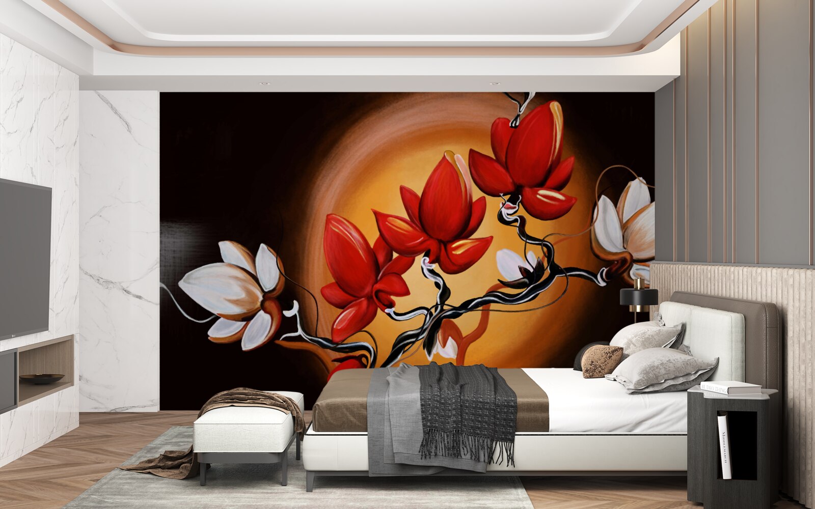 Fotobehang magnolia stam, geschilderd in witte en rode tinten