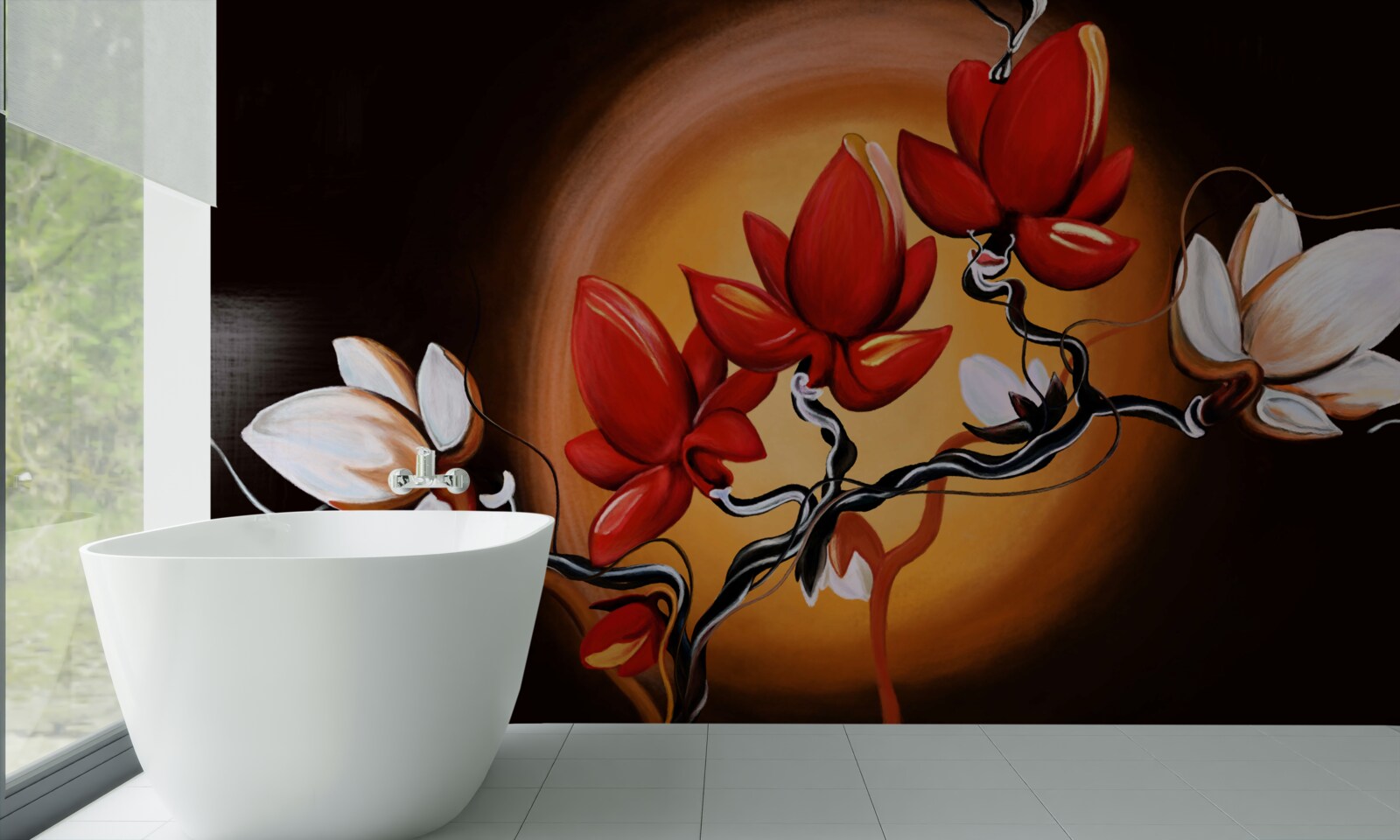 Fotobehang magnolia stam, geschilderd in witte en rode tinten