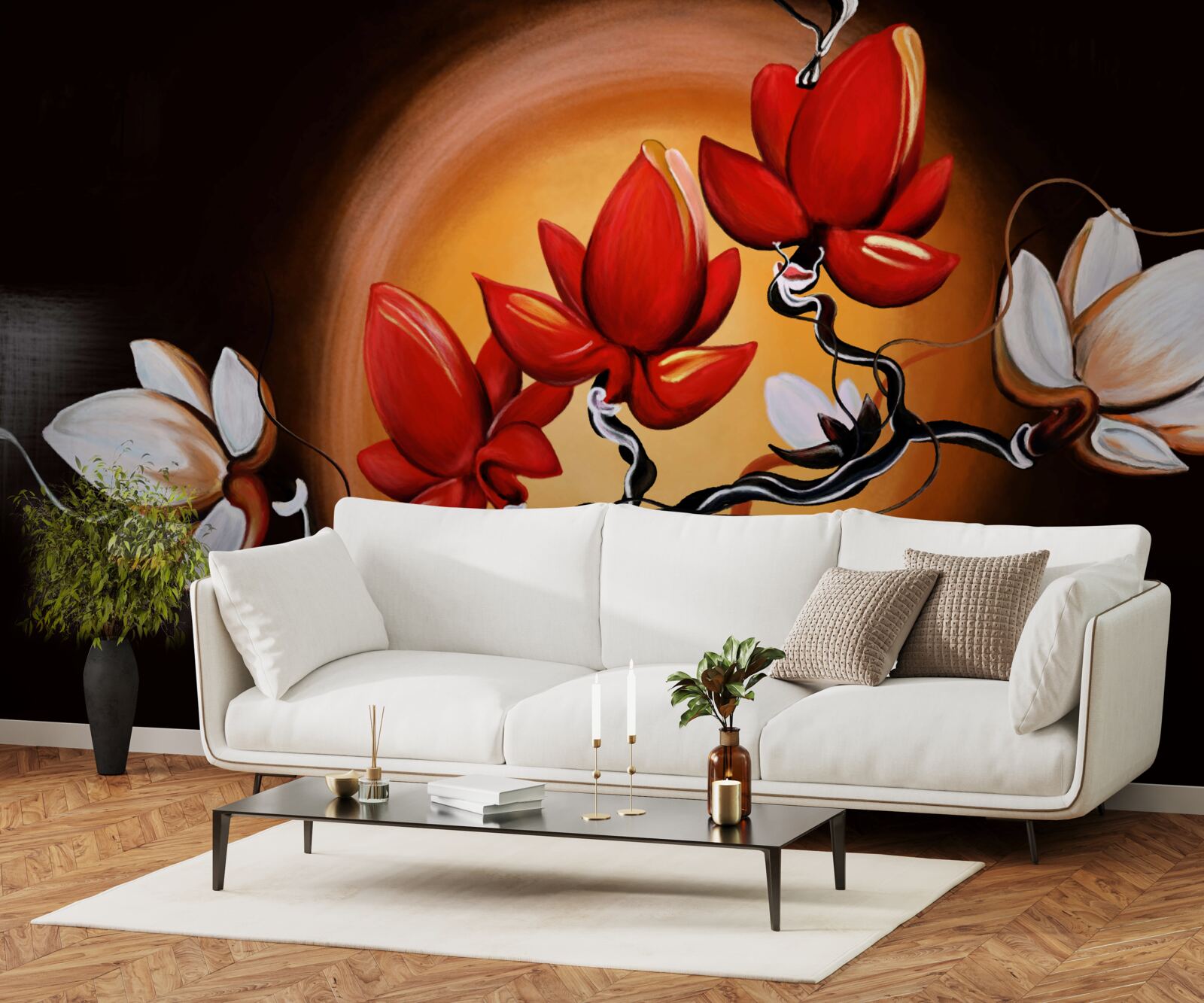 Fotobehang magnolia stam, geschilderd in witte en rode tinten