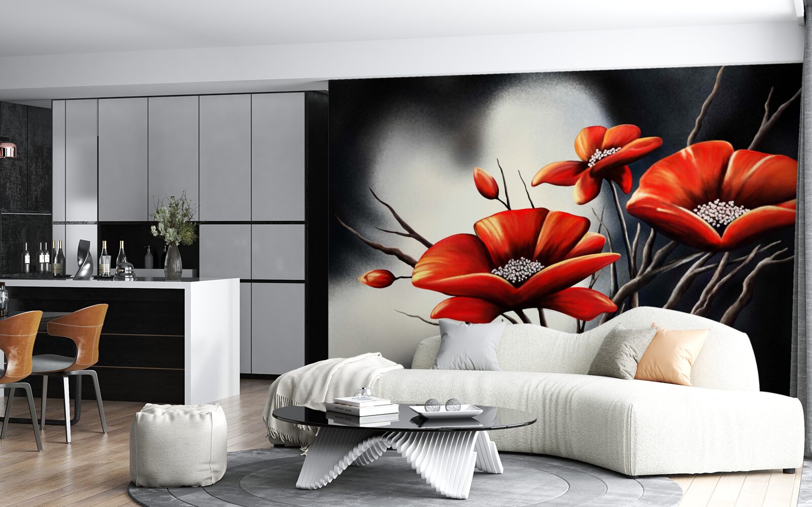 Fotobehang zwarte achtergrond versierd met rode klaprozen