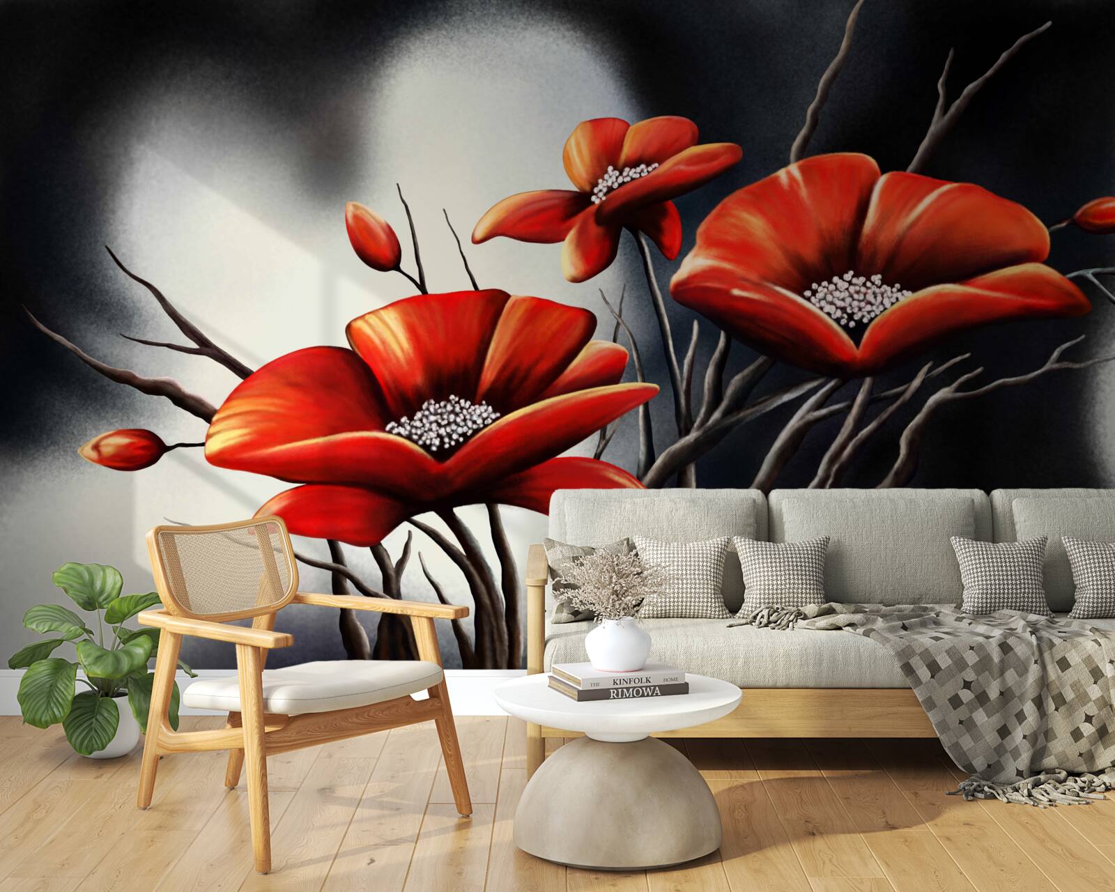 Fotobehang zwarte achtergrond versierd met rode klaprozen