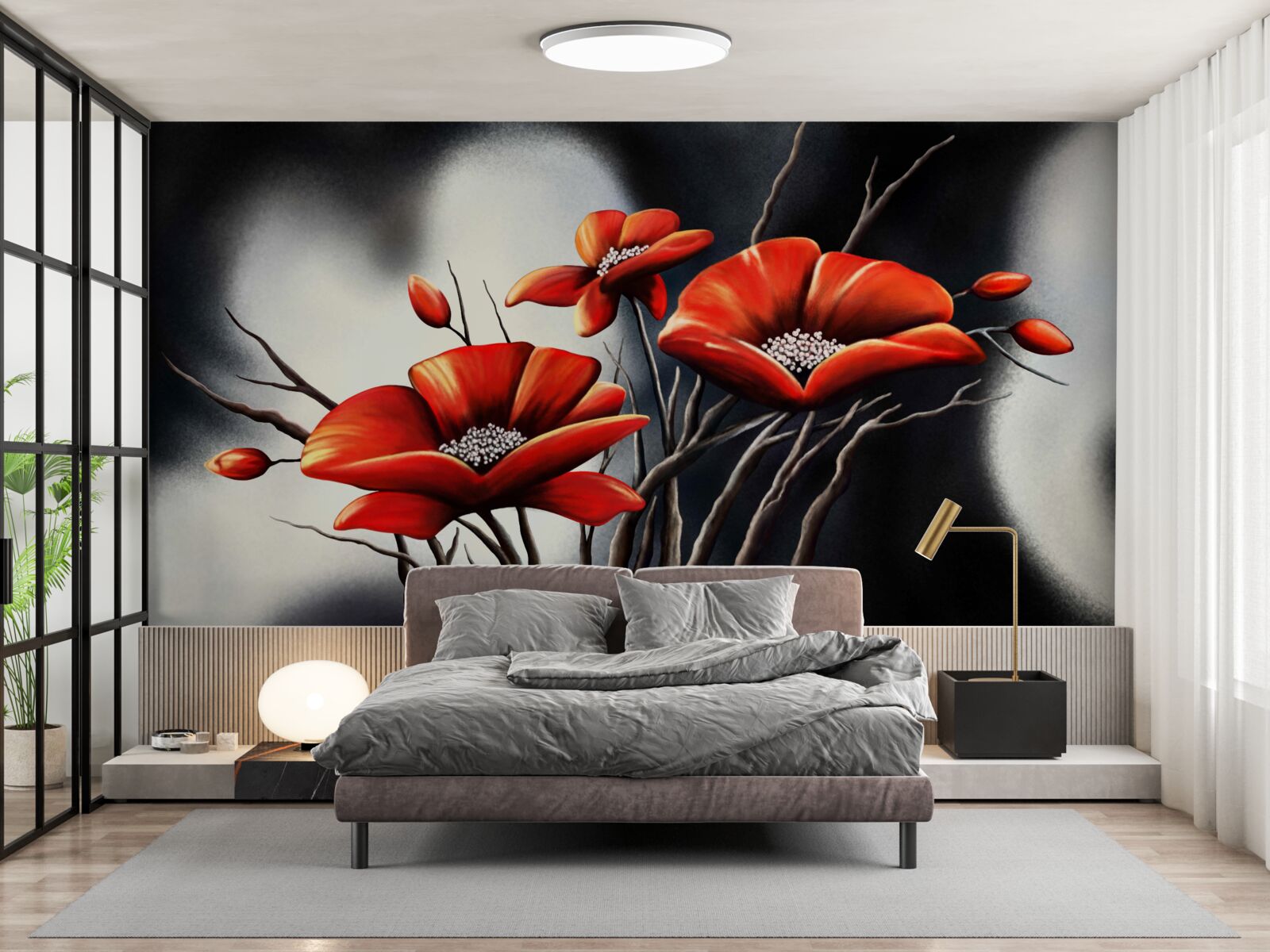 Fotobehang zwarte achtergrond versierd met rode klaprozen