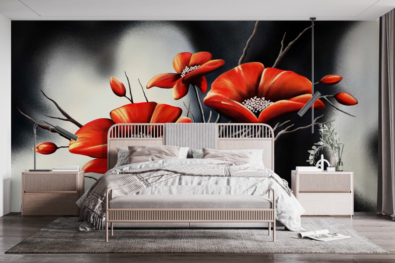 Fotobehang zwarte achtergrond versierd met rode klaprozen