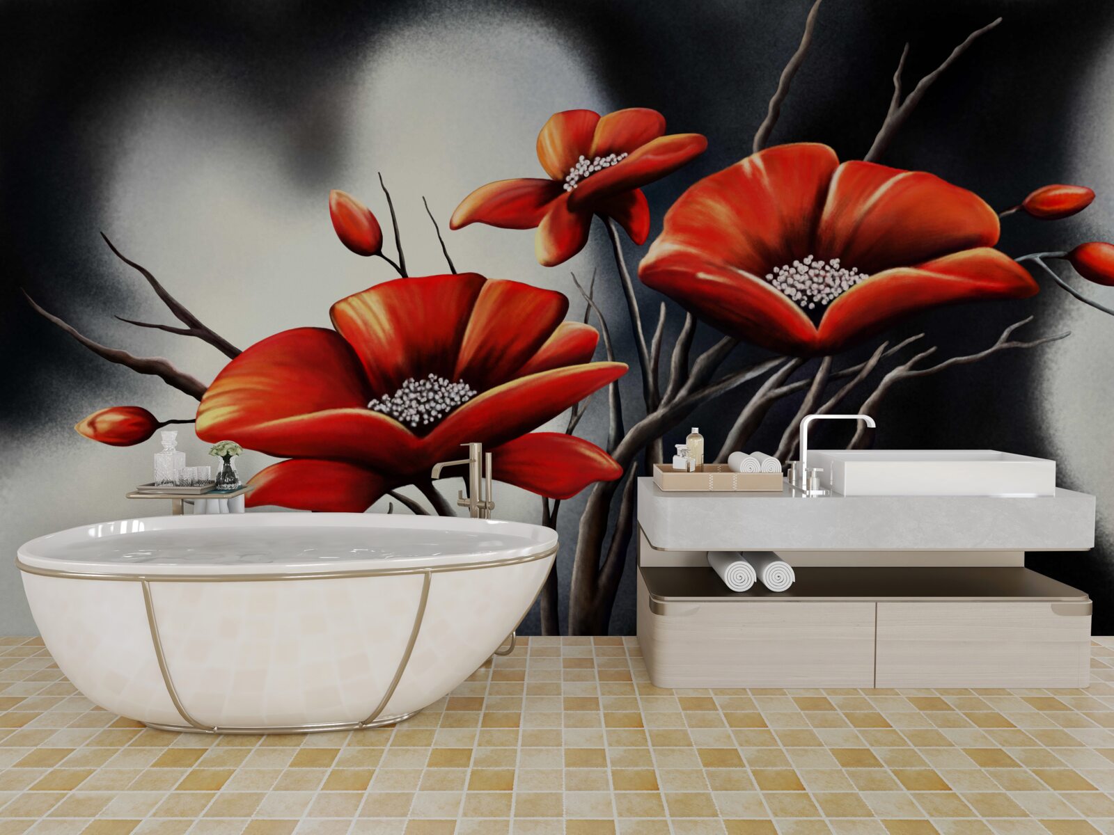 Fotobehang zwarte achtergrond versierd met rode klaprozen