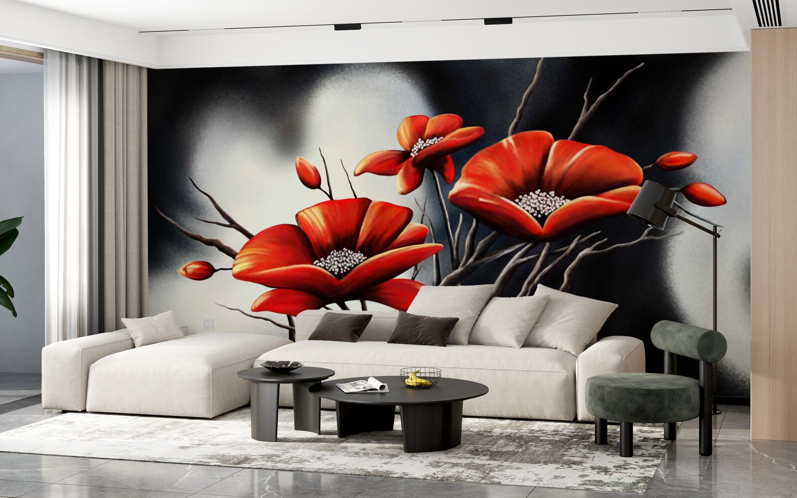 Fotobehang zwarte achtergrond versierd met rode klaprozen